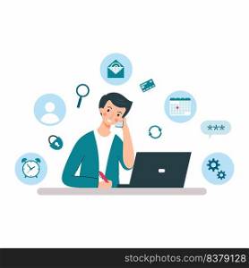 Man is sitting at laptop and talking on phone. Multitasking. Work in office. Freelancer.