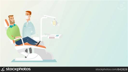 Man is sitting in a dental chair while a dentist is standing nearby. Doctor and patient in the dental clinic. Patient at a reception at a dentist. Vector flat design illustration. Horizontal layout.. Patient and doctor in the dentist office.