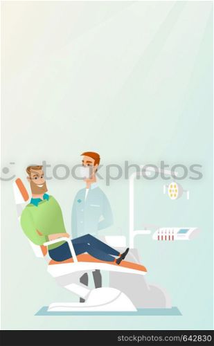 Man is sitting in a dental chair while a dentist is standing nearby. Doctor and patient in the dental clinic. Patient at a reception at a dentist. Vector flat design illustration. Vertical layout.. Patient and doctor in the dentist office.
