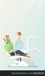 Man is sitting in a dental chair while a dentist is standing nearby. Doctor and patient in the dental clinic. Patient at a reception at a dentist. Vector flat design illustration. Vertical layout.. Patient and doctor in the dentist office.