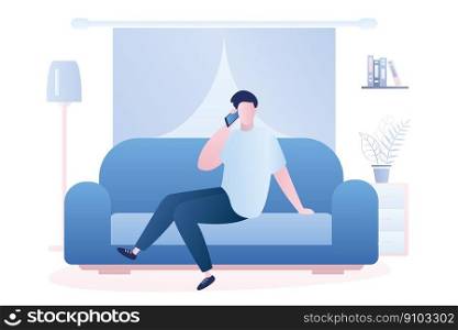 Man is sitting on the couch and talking on the phone, living room interior. Caucasian male character in trendy style. Vector illustration