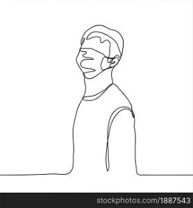 man is standing in a protective medical mask. One continuous line drawing a guy threw his head back and looks into the distance, he is wearing a protective mask. Can be used for animation