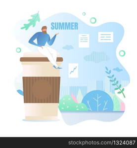 Man is Waiting for Summer Vector Illustration. Guy is Sitting Office on Large Cup with Coffee on Background Panoramic Window. Young Man Finishes Work Week and Prepares for Vacation.