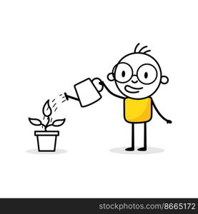 Man is watering a plant with a watering can. Boy gardener grows plant. Green economy and forestation concept. Vector stock illustration