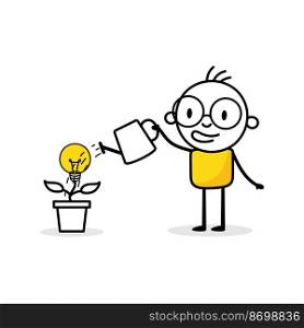 Man is watering a tree with lightbulb with a watering can. Boy garde≠r grows plant. Idea for eco future, environment, e≤ctricity concept. Vector stock illustration