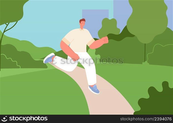 Man jog in park. Boy running outdoor, sport training on nature. Sporting concept, healthy lifestyle vector illustration. Run exercise in park, sport boy run and do fitness. Man jog in park. Boy running outdoor, sport training on nature. Sporting concept, healthy lifestyle vector illustration