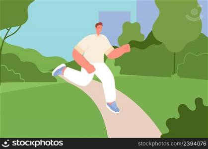 Man jog in park. Boy running outdoor, sport training on nature. Sporting concept, healthy lifestyle vector illustration. Run exercise in park, sport boy run and do fitness. Man jog in park. Boy running outdoor, sport training on nature. Sporting concept, healthy lifestyle vector illustration