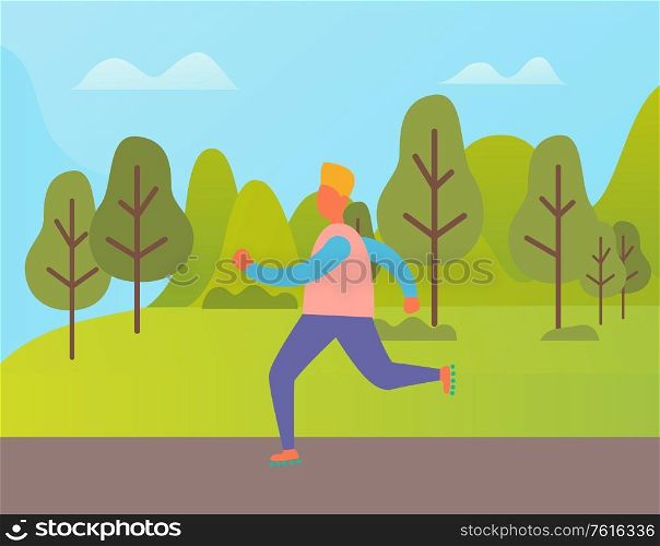 Man jogging in green city park vector character in cartoon style. Sportive jogger running among trees and bushes, active way of life at spring or summer. Man Jogging in Green City Park Vector Character