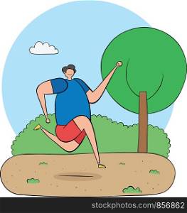 Man jogging in the woods. Black outlines and colored.