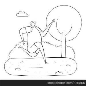 Man jogging in the woods. Black outlines and white.