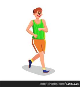 Man Jogging Or Running Sport Exercising Vector. Boy Dressed In Sportswear Jogging, Athletic Sportive Exercise Marathon Run. Character Healthy Active Lifestyle Flat Cartoon Illustration. Man Jogging Or Running Sport Exercising Vector