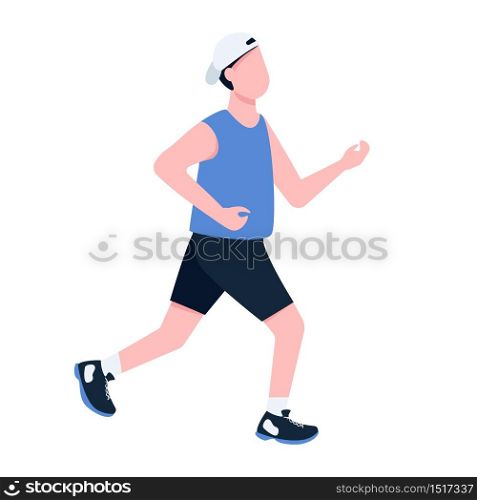 Man jogging outside flat color vector faceless character. Male jogger in sportswear and sneakers running outdoors, athlete training isolated cartoon illustration for web graphic design and animation