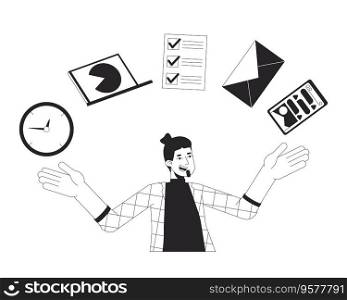 Man juggling items bw concept vector spot illustration. Multitasking, productivity. Efficiency 2D cartoon flat line monochromatic character for web UI design. Editable isolated outline hero image. Man juggling items bw concept vector spot illustration