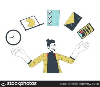 Man juggling items flat line concept vector spot illustration. Multitasking, productivity. Efficiency 2D cartoon outline character on white for web UI design. Editable isolated color hero image. Man juggling items flat line concept vector spot illustration