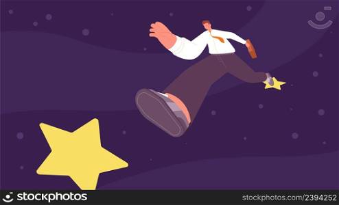 Man jump from star to new star. Business people success, goals and targets. Succesful employee in suit, career develop, vector concept. Illustration of business target and achievement. Man jump from star to new star. Business people success, goals and targets. Succesful employee in suit, career develop, vector concept
