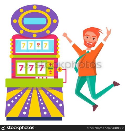 Man jumping of happiness vector, isolated redhead male winning money in casino. Slot machine with lucky sevens, gambling. Chance of gambler gesturing. Happy Jumping Man Winner of Money in Slot Machine