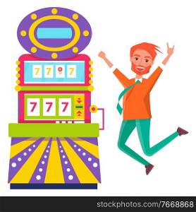 Man jumping of happiness vector, isolated redhead male winning money in casino. Slot machine with lucky sevens, gambling. Chance of gambler gesturing. Happy Jumping Man Winner of Money in Slot Machine