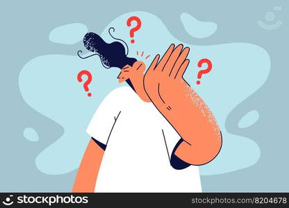 Man keeping hand at ear hearing gossip or rumor. Young male listen to hidden or secret information or hearsay. Vector illustration.. Man listening to gossips