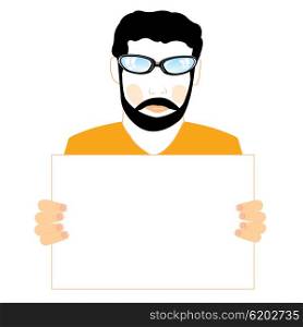 Man keeps in hand poster. Man with beard and moustache keeps in hand clean sheet