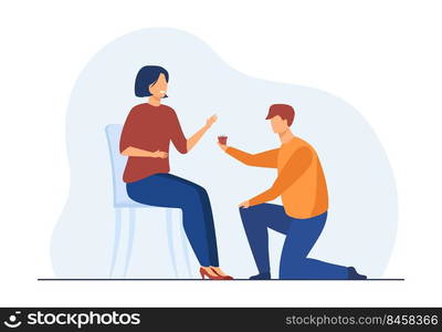 Man kneeling on one knee and giving little present to woman. Boyfriend propose girlfriend. Flat vector illustration. Special date, engagement concept for banner, website design or landing web page