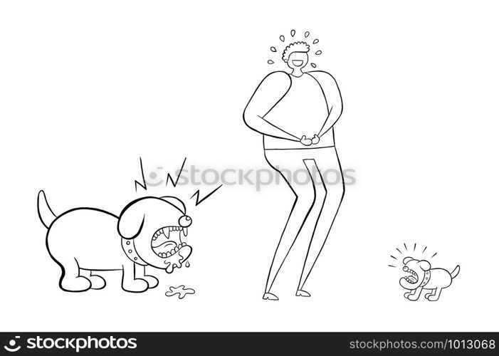 Man laughing small dog but he doesn&rsquo;t see the big dog behind him. You&rsquo;il be crying in fear. Vector illustration. Black outlines and white background.