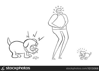 Man laughing small dog but he doesn&rsquo;t see the big dog behind him. You&rsquo;il be crying in fear. Vector illustration. Black outlines and white background.