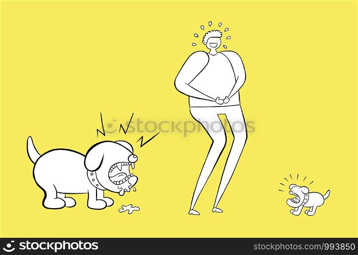 Man laughing small dog but he doesn't see the big dog behind him. You'il be crying in fear. Vector illustration. White and black outlines and colored background.