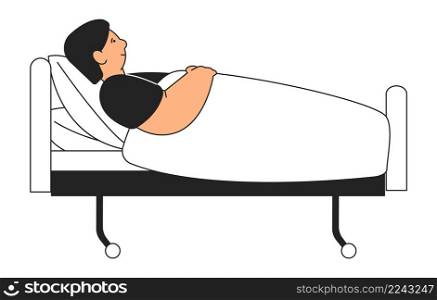 Man laying in bed. Side view. Resting sleeping guy isolated on white background. Man laying in bed. Side view. Resting sleeping guy