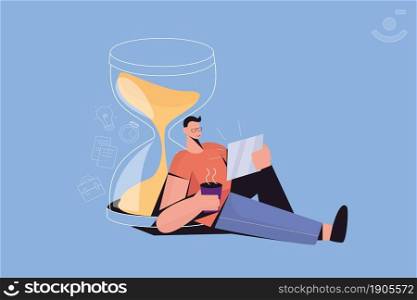 Man lean on sandglass use modern mobile tablet gadget, waste time on internet in social media. Smiling guy with device addiction, scroll browse internet. Technology era. Flat vector illustration. . Man with gadget addiction use tablet device