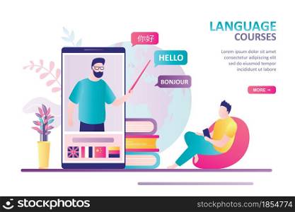 Man learning foreign languages at home. Male teacher on smartphone screen. Online language courses, distance education and e-learning. Word Hello in Chinese, French and English. Vector illustration. Online language courses, distance education and e-learning. Word Hello in Chinese, French and English.