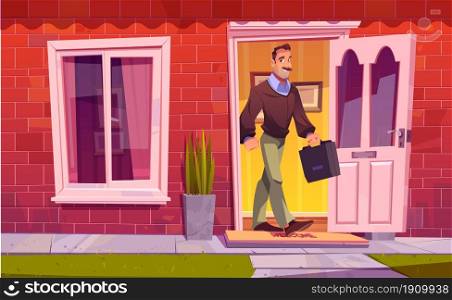 Man leaving home and going to work. Vector cartoon illustration with adult character with briefcase exits house through open door. Residential building facade with brick wall, window and plants. Man leaving home and going to work