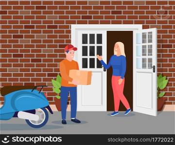 Man left cardboard boxes with goods near house facade. Courier character holds parcel. Carton delivery packaging closed box. Free and fast shipping. Vector illustration in flat style. Man left cardboard boxes with goods