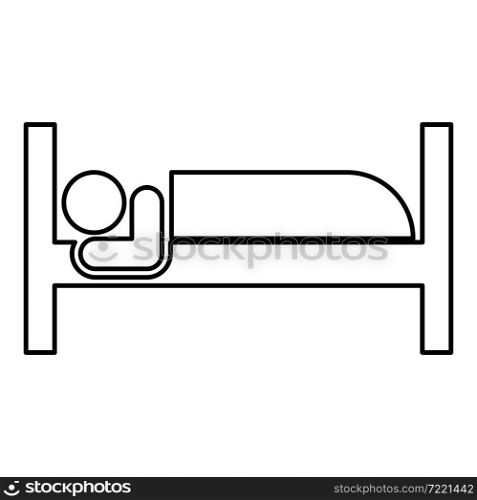 Man lies on bed sleeping concept Hotel sign contour outline icon black color vector illustration flat style simple image. Man lies on bed sleeping concept Hotel sign contour outline icon black color vector illustration flat style image