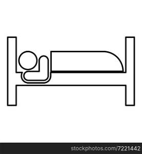 Man lies on bed sleeping concept Hotel sign contour outline icon black color vector illustration flat style simple image. Man lies on bed sleeping concept Hotel sign contour outline icon black color vector illustration flat style image