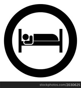 Man lies on bed sleeping concept Hotel sign icon in circle round black color vector illustration image solid outline style simple. Man lies on bed sleeping concept Hotel sign icon in circle round black color vector illustration image solid outline style