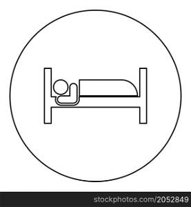 Man lies on bed sleeping concept Hotel sign icon in circle round black color vector illustration image outline contour line thin style simple. Man lies on bed sleeping concept Hotel sign icon in circle round black color vector illustration image outline contour line thin style