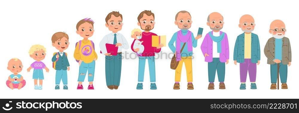 Man life cycle. Human development and growth sequence process. From baby boy to elderly senior. Male generation. Human maturation. Toddler and grandfather. Teenager and parent with son. Vector concept. Man life cycle. Human development and growth process. From baby boy to elderly senior. Male generation. Human maturation. Toddler and grandfather. Teenager and parent. Vector concept