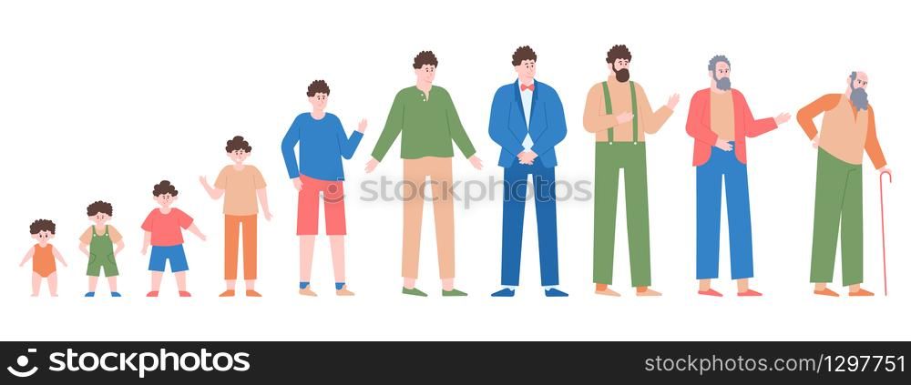 Man life cycles. Male different age, baby boy, teenager, student age, adult man and aged man, male character generations vector illustration set. Development people generation male, growth and aging. Man life cycles. Male different age, baby boy, teenager, student age, adult man and aged man, male character generations vector illustration set