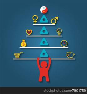 Man lifting stack of vector elements for life balance concept in flat style.&#xA;