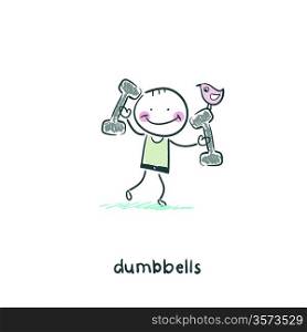Man lifts dumbbells. Illustration.