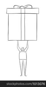 Man lifts up a huge gift pack. I wonder what&rsquo;s in it? Vector illustration. Black outlines and white background.