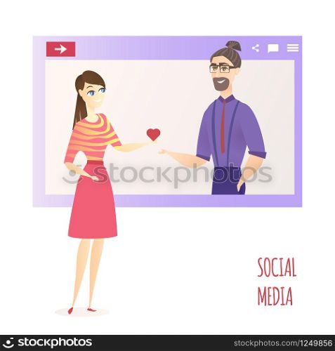 Man Like Woman Social Media Network Website Banner. Red Heart Symbol Icon. Happy Teen Character Internet Chat Concept for Website or Web Page. Flat Character Vector Illustration. Man Like Woman Social Media Website Banner