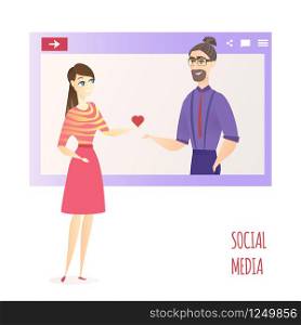Man Like Woman Social Media Network Website Banner. Red Heart Symbol Icon. Happy Teen Character Internet Chat Concept for Website or Web Page. Flat Character Vector Illustration. Man Like Woman Social Media Website Banner