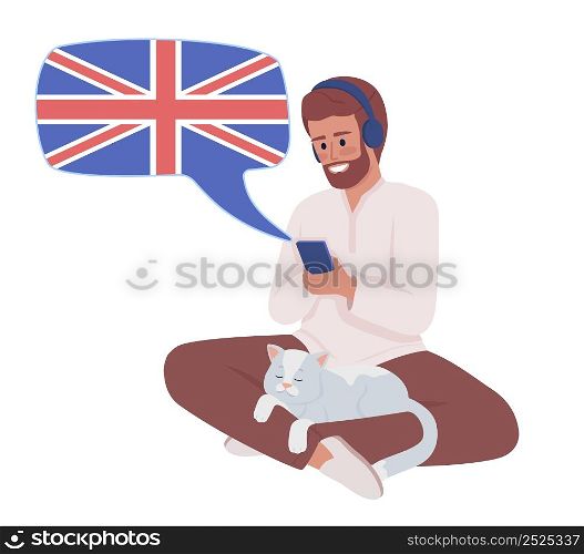 Man listening to audio british english course semi flat color vector character. Sitting figure. Full body person on white. Simple cartoon style illustration for web graphic design and animation. Man listening to audio british english course semi flat color vector character