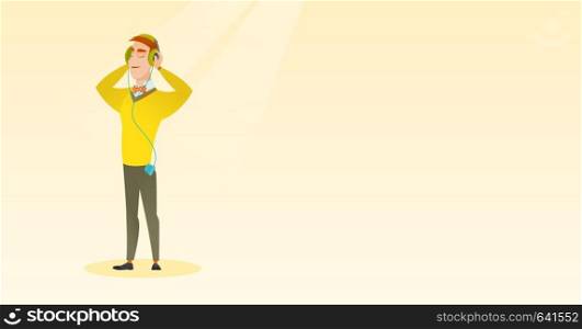 Man listening to music from his smartphone. Young caucasian man in headphones listening to music. Relaxed man with closed eyes enjoying music. Vector flat design illustration. Horizontal layout.. Young man in headphones listening to music.