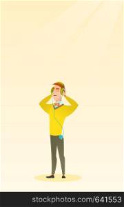 Man listening to music from his smartphone. Young caucasian man in headphones listening to music. Relaxed man with closed eyes enjoying music. Vector flat design illustration. Vertical layout.. Young man in headphones listening to music.