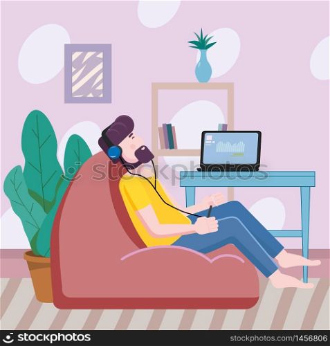 Man listens to music in a comfortable chair cozy interior on social distancing. Man listens to music in a comfortable chair cozy interior on social distancing. Stays at home quarantine. Cozy interior. Vector social illustration during a virus pandemic. Banner isolated