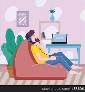 Man listens to music in a comfortable chair cozy interior on social distancing. Man listens to music in a comfortable chair cozy interior on social distancing. Stays at home quarantine. Cozy interior. Vector social illustration during a virus pandemic. Banner isolated