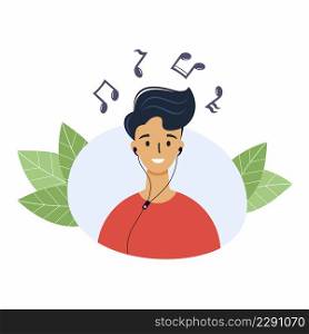 Man listens to music with headphones. Vector illustration of young guy for website with songs.