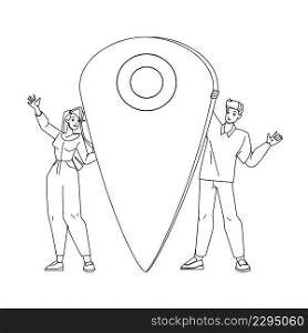 Man Location Searching Woman On Device Black Line Pencil Drawing Vector. Young Boy And Girl Standing Near Gps Location Mark, Tourist Travel Navigation System. Characters And Map Locate Sign. Man Location Searching Woman On Device Vector